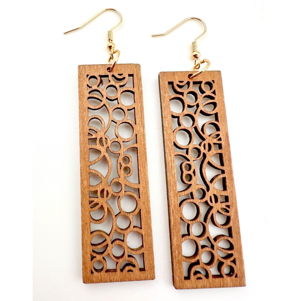 Art Deco Bubble Bar Earrings Chestnut Brown Laser Cut Wood